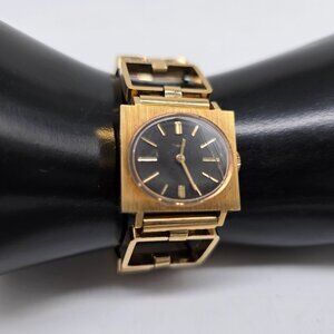 1960s Timex Gold-Tone Square Link Womens Watch Quartz Black Dial Wind Up